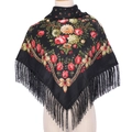 Detailed view of black floral scarf with red rose pattern and decorative fringe trim - Black