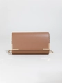 Minimalist caramel brown PU leather clutch bag with golden metal corner accents and chain - Brown