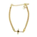 18k gold plated mesh chain bracelet with a black heart cross charm and zircon accents - Style F (White Zirconia Cross with Black Heart Stone Center)