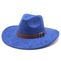 Detail of royal blue fedora hat with a brown braided leather band and silver metal buckle - M (56-59cm) / Royal Blue (Suede)