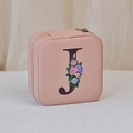 Pink PU leather jewelry case with letter J and floral print, featuring a zipper closure - Print J