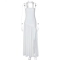 Detail of white tube top dress featuring high slit and asymmetrical hem on mannequin - White