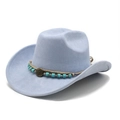 Detail of light blue faux suede cowboy hat featuring turquoise beads and sunburst metal badge - M (56-58cm) / Light Blue