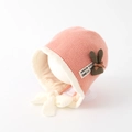 Detail of pink knitted baby hat with white faux fur trim and brown plaid bow accent - Approx. 3-6 Years / Pink