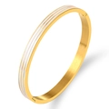 Golden stainless steel hinged bangle with colorful enamel inlay and brushed metal finish - Gold White