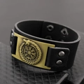 Vintage black leather cuff bracelet with bronze Vegvisir Viking compass and Ouroboros symbol - Antique Bronze