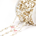 Golden chain with 10mm white shell crosses and 8mm pearl beads on a spool - Stone Cross Style (F2335) / 8X10mm / Gold