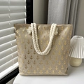 Linen tote bag with golden anchor print and white rope handles in beige - Gold Anchor