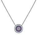 Evil eye pendant necklace with blue and pink zircons on dark grey plated silver chain - Geometric Concentric Round Multi-color Style (RHN1995)