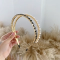 Baroque style wide headband with white pearls and black crystals on golden metal - Pearl Black