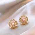 Floral stud earrings with turquoise enamel, fresh water pearl and golden finish - Enamel Colored Flower Pearl