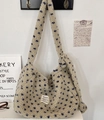 Beige faux shearling tote bag with blue heart embroidery and SOZAKKA brand label - Beige Blue (Star Pattern)
