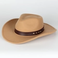 Detail of camel wool felt cowboy hat with brown leather band and gold metal studs - Adjustable / Camel