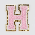 Pink chenille letter H patch with gold glitter edge for passport holders and bags - Letter H