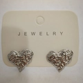 Silver heart stud earrings with irregular wrinkled texture on minimalist jewelry card - Steel Hammered Heart (4699)