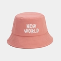 Close-up of pink cotton bucket hat featuring white NEW WORLD artistic lettering embroidery - One Size / Pink