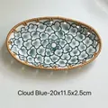 Oval ceramic fruit tray with vintage blue cloud pattern and natural rattan edge 20cm - Blue Cloud Style