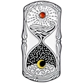 Detailed close-up of a metal enamel hourglass pin featuring sun and moon artistic motifs - Sun Moon Hourglass Style (XZ2338)