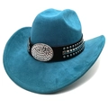 Detail of blue suede cowboy hat with black leather belt and silver studded rhinestone buckle - M (56-58cm) / Lake Blue