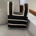 Knitted tote bag with black and white stripes and a unique U-shaped handle design - Black Triple Stripes