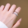 Double-layered silver rings set featuring one simple band and one full zircon band for women - Double Layer Open Style (6972) / Silver