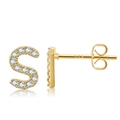 Macro view of 18K gold plated silver stud earring in S-shape with pavé white zircons - Style S
