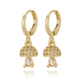 Close-up of gold mushroom earrings with zircon inlay and pear-shaped stones on white - Mushroom Shape