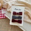 Three-piece fabric bow hair clips in red plaid, grey, and maroon on a display card - Red & Grey Bowknot 3-Piece Set