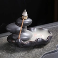 Ceramic backflow incense burner with dark stone mountain design and lotus leaf base - Zen Rock