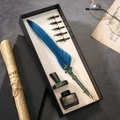 Vintage quill pen gift set in dark blue with bronze relief handle and five nibs - Navy Blue
