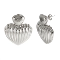 Silver double heart stud earrings with shell stripe texture in polished stainless steel - Earrings / Steel