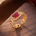 Vintage gold Cuban link ring featuring a large rectangular red zircon and white stones - 10111-Red Ring