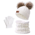 Winter 3-piece knit set including cable knit beanie with faux fur pom-poms, snood and gloves - 3-Piece Set (Hat/Scarf/Gloves) / White
