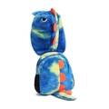 Detail of blue and yellow tie-dye plush dinosaur backpack with orange fins and mesh side pocket - Blue