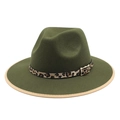 Dunkelgrüner Wollfilzhut im britischen Stil mit Leopardenmuster-Band und breiter Krempe - M (56-58cm) / Armeegrün