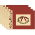 Set of 4 Christmas placemats with red bow wreaths and vine patterns on beige fabric - Style 38