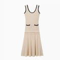 Detail of beige sleeveless knitted dress featuring black contrast piping and pockets - S / Off White