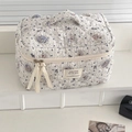 Quilted cartoon bear makeup bag with blue stripes and elegant ribbon handles - Badge Bear - Cosmetic Bag