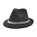Black wool fedora hat with double-row silver square rivet band on a white background - M (56-58cm) / Black