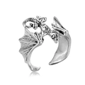 Detailed close-up of retro silver dragon-shaped open ring with intricate hollow wings - Winged Dragon (R-95)