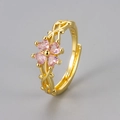 Vintage gold vine ring with pink zircon clover heart flower petals and S925 engraving - Adjustable Open / Gold Pink Zircon
