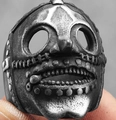 Vintage punk skull mask ring in antique silver finish with heavy industrial metal texture - US 5 / Stitched Mask Style (16401)