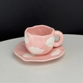 Pink ceramic coffee cup and saucer set with white cloud pattern and wavy edges - Pink White Cloud Cup & Saucer