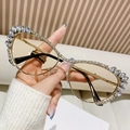 Fashionable gold cat eye sunglasses with rhinestones and yellow translucent lenses - Gold Frame Champagne Lens