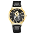 YOLAKO men's watch with golden earth dial, black leather strap, and date display - Black Dial Gold Case Black Strap