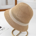 Detail of hollow-out knit pattern on a two-tone beige and tan summer bucket sun hat - One Size / Khaki (Minimalist)
