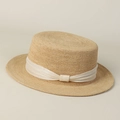 Détails du chapeau canotier en raphia fait main avec ruban ivoire et bord plat - S(54-57.5cm) / Raphia Naturel-Décor Beige