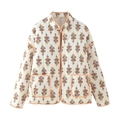 Close-up of quilted floral jacket featuring orange piping and ethnic prints on cream fabric - XS / Beige Floral