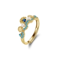 Elegant S925 sterling silver open ring with blue gemstones, pearls and shell design - Shell Open Ring (GPR23) / 14K Gold