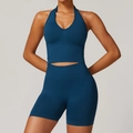 Ensemble de sport sans couture en maille côtelée bleu foncé avec brassière en V et short - S / Haut Et Bas / Ensemble deux pièces (Soutien-gorge + Short) / Bleu